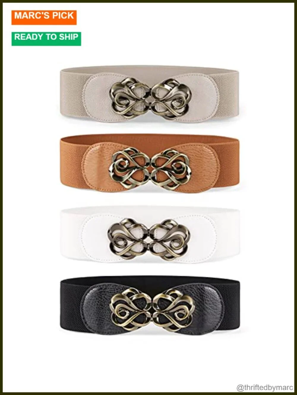 4 Pack Stretchy Elastic Wide Waist Belts with Antique Brass Buckle